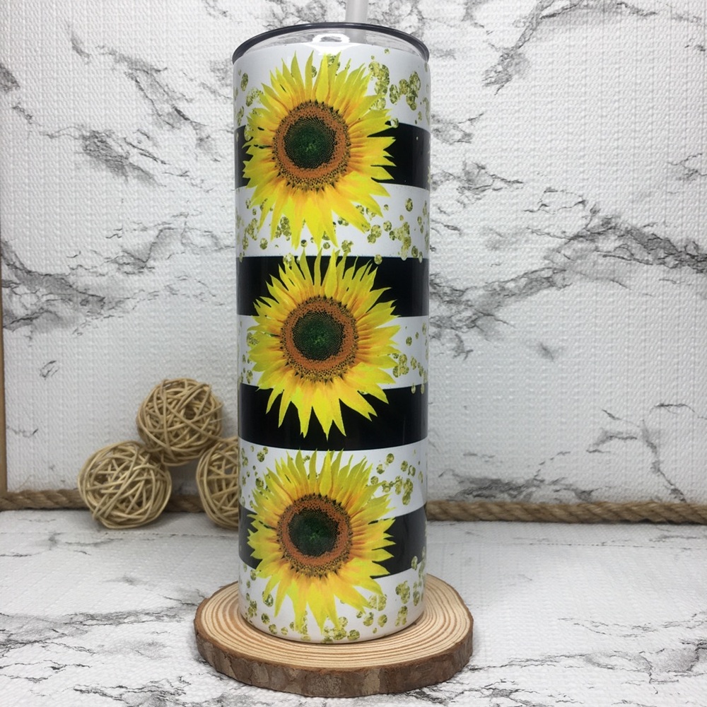 Sunflower Black & White w/ Faux Glitter Tumbler